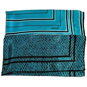 2 Vtg JAEGER SILK SCARF Turquoise Blue Black +White 26x27" Italy Stripe Squiggle